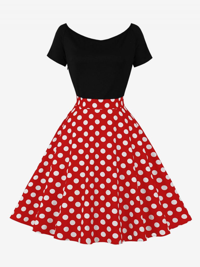 Kvinders Retrokjole 1950'erne Audrey Hepburn-stil Juvelhals Korte Ærmer Knælængde Polka Dot Rockabilly-kjole - Rød