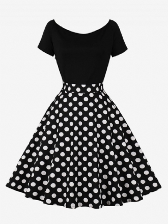 Kvinders Retrokjole 1950'erne Audrey Hepburn-stil Juvelhals Korte Ærmer Knælængde Polka Dot Rockabilly-kjole