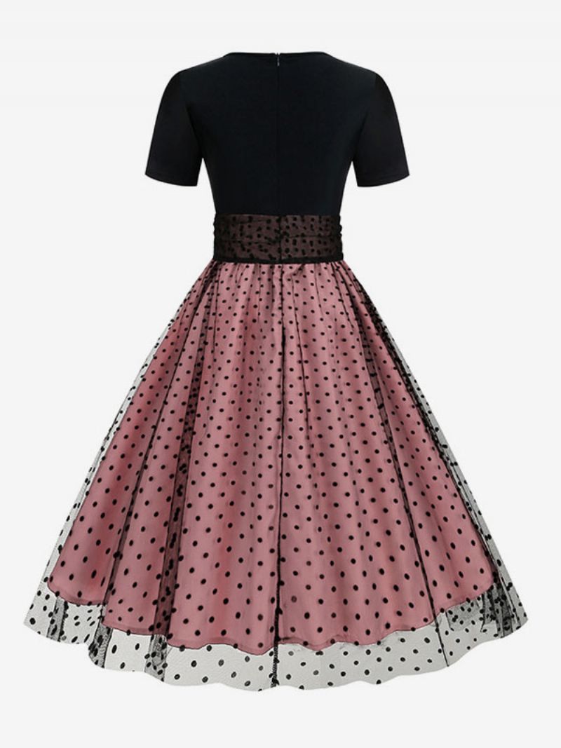 Kvinders Retrokjole 1950'erne Audrey Hepburn-stil Juvelhals-lagdelte Korte Ærmer Medium Polkaprikker Rockabilly-kjole - Pink