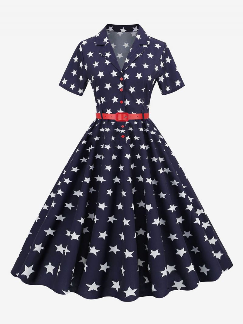 Kvinders Retrokjole 1950'erne Audrey Hepburn-stil Med V-udskæring Korte Ærmer Mellemlag Rockabilly-kjole - Mørk Navy