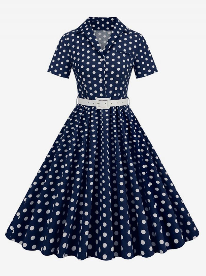 Kvinders Retrokjole 1950'erne Audrey Hepburn-stil Turndown-kraveknapper Med Korte Ærmer Polkaprikkede Svingkjole - Mørk Navy