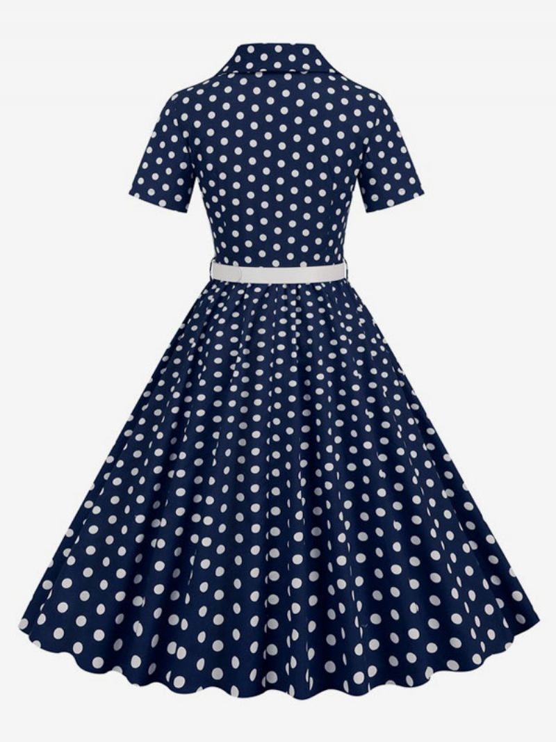 Kvinders Retrokjole 1950'erne Audrey Hepburn-stil Turndown-kraveknapper Med Korte Ærmer Polkaprikkede Svingkjole - Mørk Navy