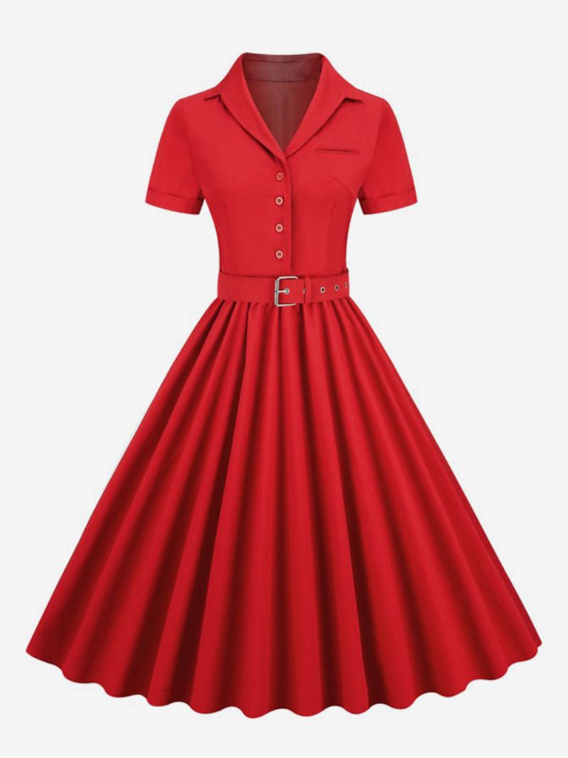 Kvinders Retrokjole 1950'erne Audrey Hepburn-stil V-halsknapper Lagdelte Korte Ærmer Medium Rockabilly-kjole - Rød