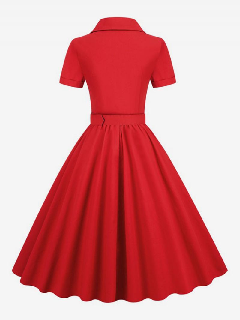 Kvinders Retrokjole 1950'erne Audrey Hepburn-stil V-halsknapper Lagdelte Korte Ærmer Medium Rockabilly-kjole - Rød