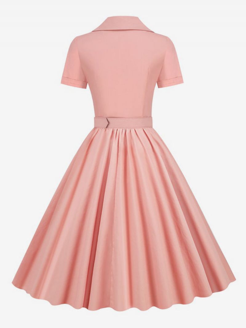 Kvinders Retrokjole 1950'erne Audrey Hepburn-stil V-halsknapper Lagdelte Korte Ærmer Medium Rockabilly-kjole - Pink