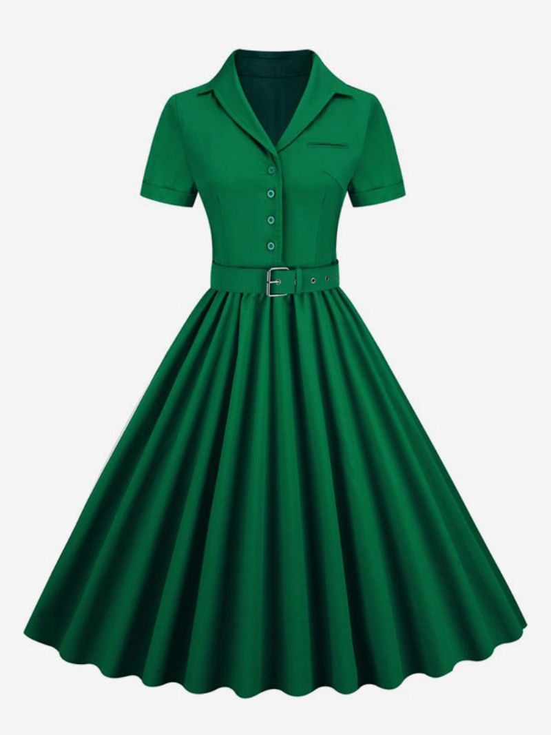 Kvinders Retrokjole 1950'erne Audrey Hepburn-stil V-halsknapper Lagdelte Korte Ærmer Medium Rockabilly-kjole - Mørkegrøn