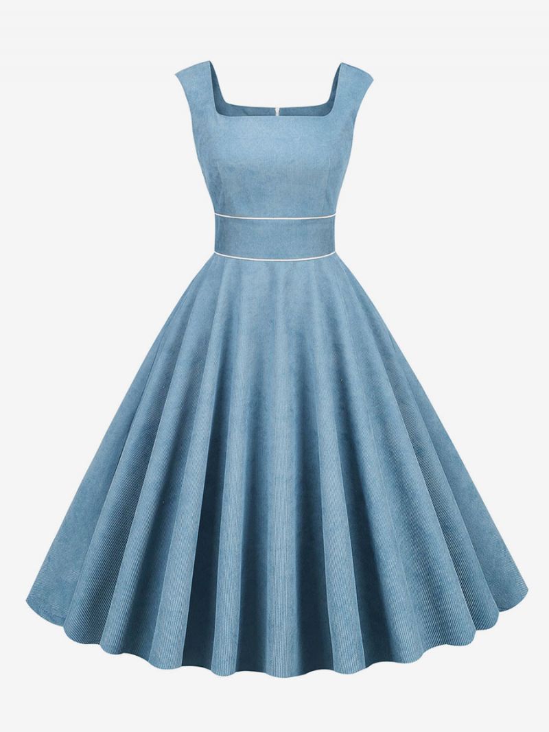 Kvinders Retrokjole 1950'erne Audrey Hepburn Style Baby Blue Piping Ærmeløs Firkantet Hals Medium Rockabilly-kjole - Babyblå