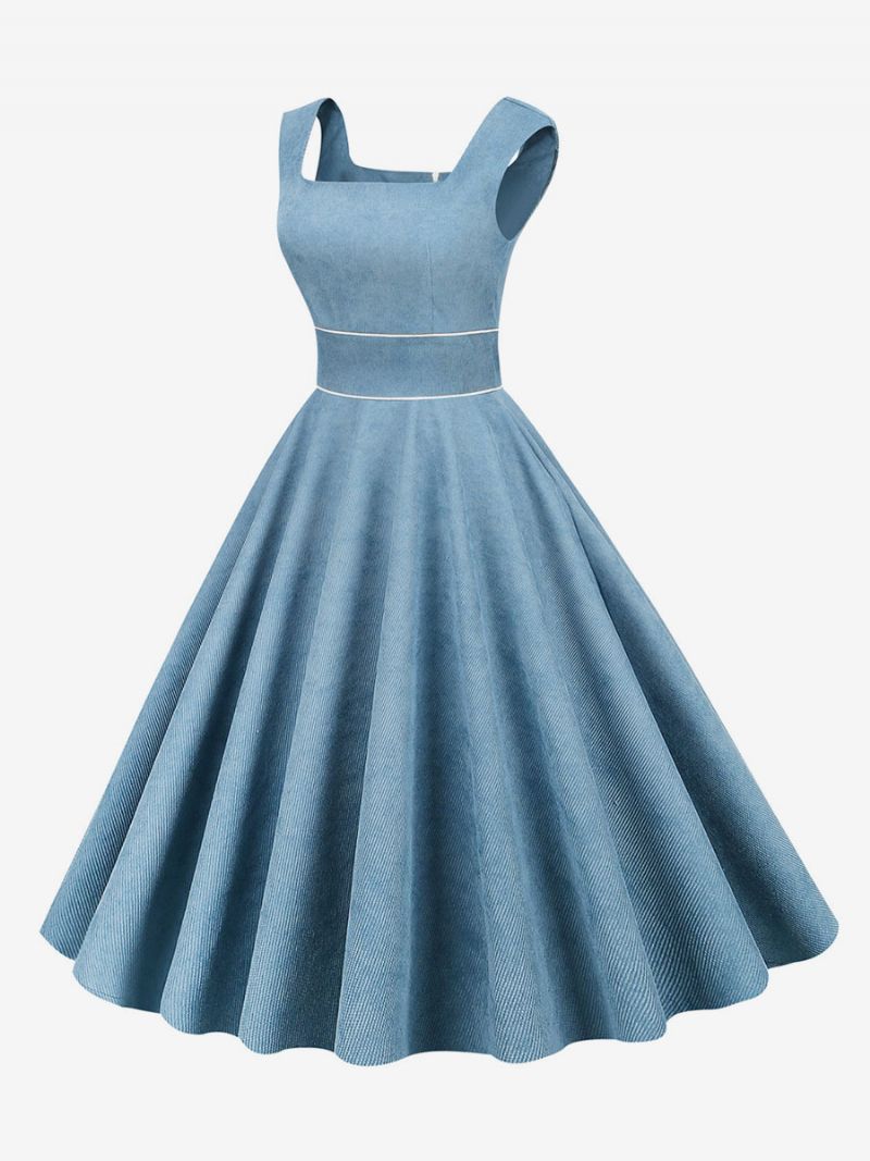 Kvinders Retrokjole 1950'erne Audrey Hepburn Style Baby Blue Piping Ærmeløs Firkantet Hals Medium Rockabilly-kjole - Babyblå