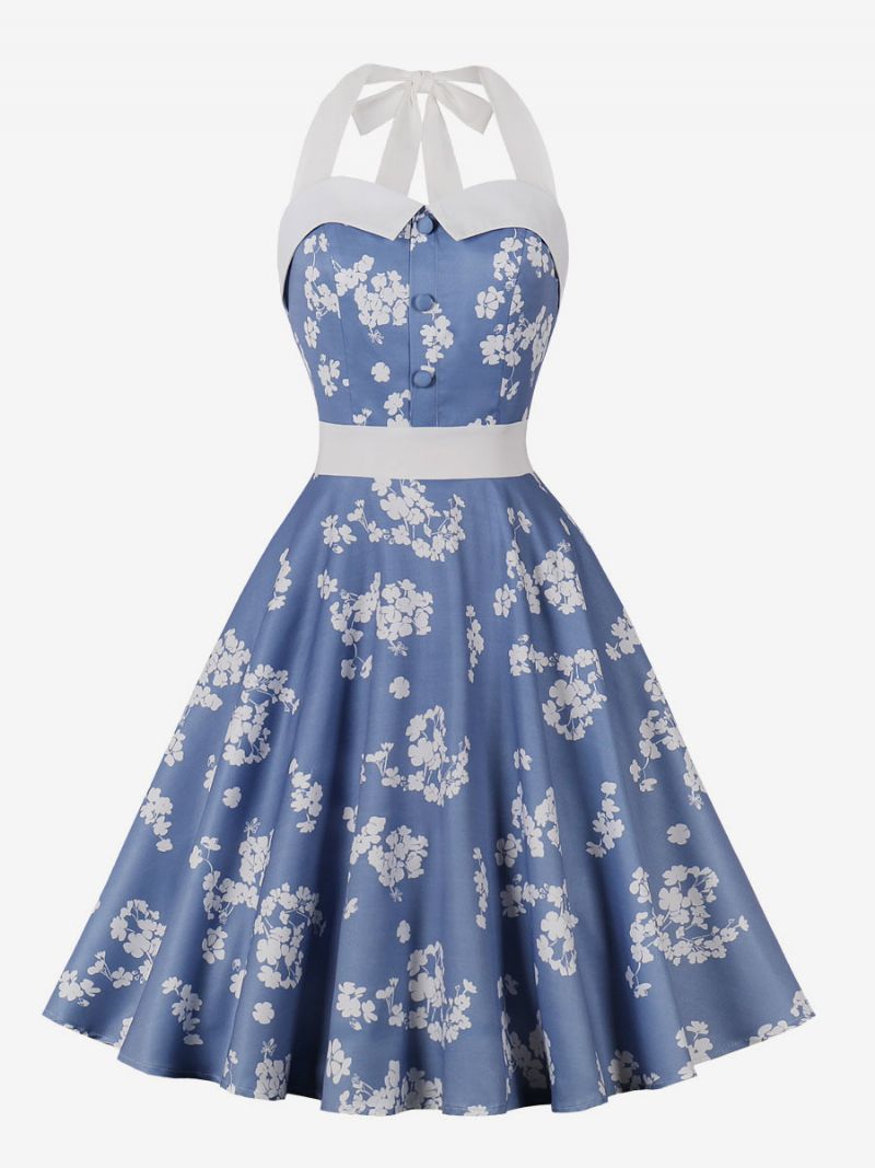 Kvinders Retrokjole Babyblå Blomsterprint 1950'erne Audrey Hepburn-stil Ærmeløs Grime Rockabilly-kjole