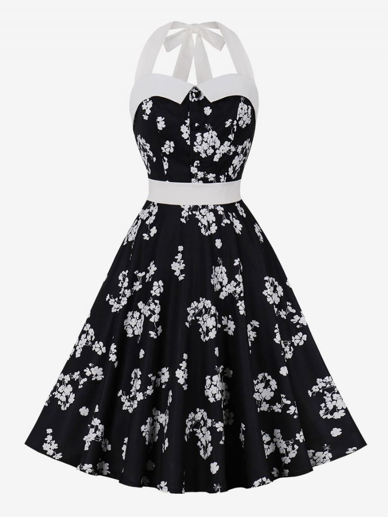 Kvinders Retrokjole Babyblå Blomsterprint 1950'erne Audrey Hepburn-stil Ærmeløs Grime Rockabilly-kjole - Sort