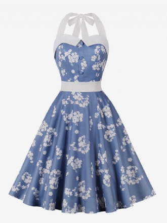 Kvinders Retrokjole Babyblå Blomsterprint 1950'erne Audrey Hepburn-stil Ærmeløs Grime Rockabilly-kjole