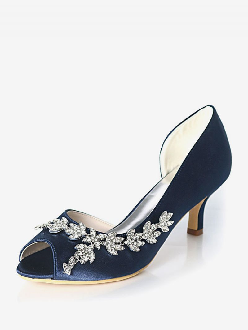 Kvinders Rhinestone Dorsay Bridal Pumps Kitten Hæl - Mørk Navy