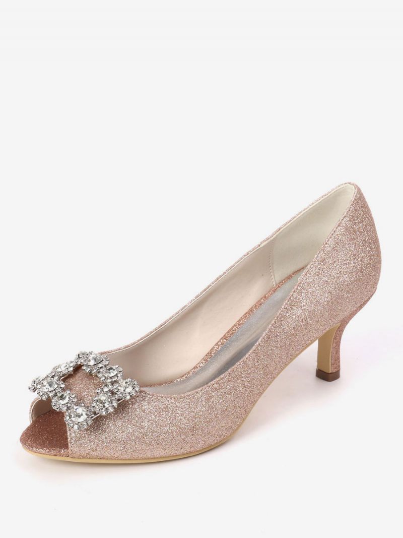 Kvinders Rhinestone Glitter Kitten Hæl Brude Pumps Peep Toe