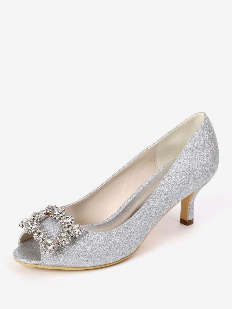 Kvinders Rhinestone Glitter Kitten Hæl Brude Pumps Peep Toe - Hvid