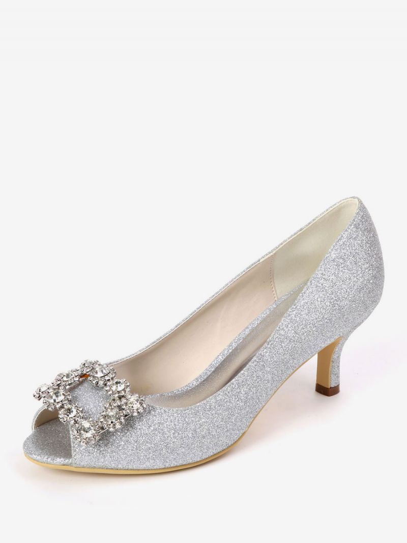 Kvinders Rhinestone Glitter Kitten Hæl Brude Pumps Peep Toe - Sølv