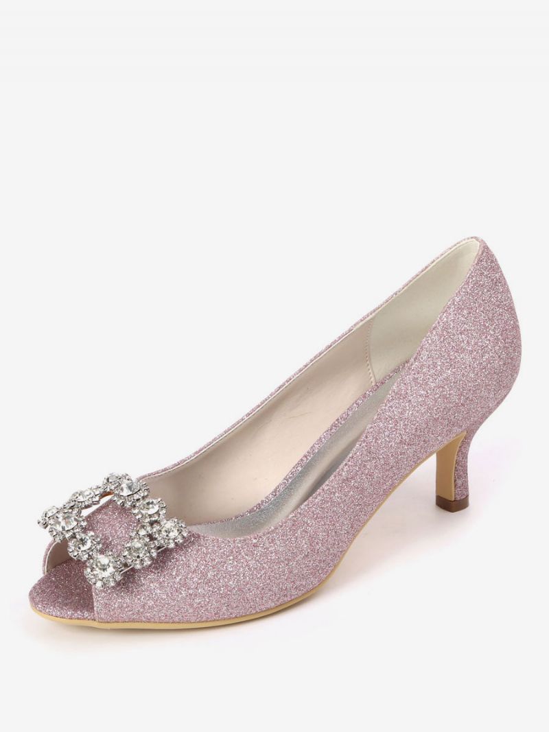 Kvinders Rhinestone Glitter Kitten Hæl Brude Pumps Peep Toe - Fuchsia Pink