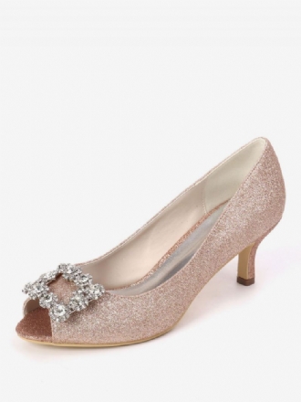 Kvinders Rhinestone Glitter Kitten Hæl Brude Pumps Peep Toe