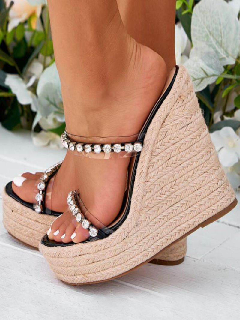 Kvinders Rhinestone Mule Platform Wedge Sandaler - Sort