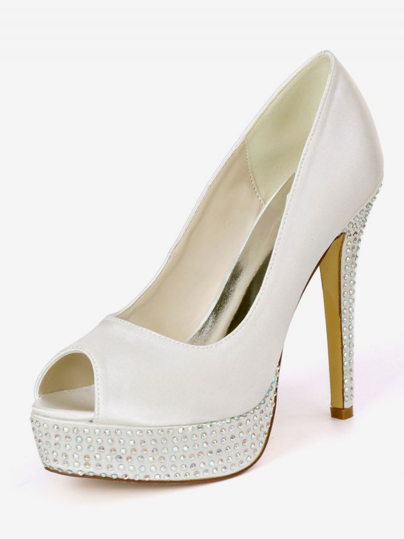 Kvinders Rhinestone Platform Peep Toe Brude Pumps - Elfenben