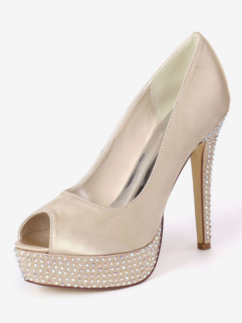 Kvinders Rhinestone Platform Peep Toe Brude Pumps - Champagne