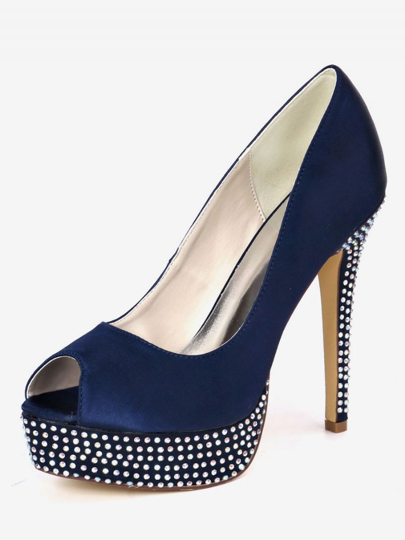 Kvinders Rhinestone Platform Peep Toe Brude Pumps - Dybblå