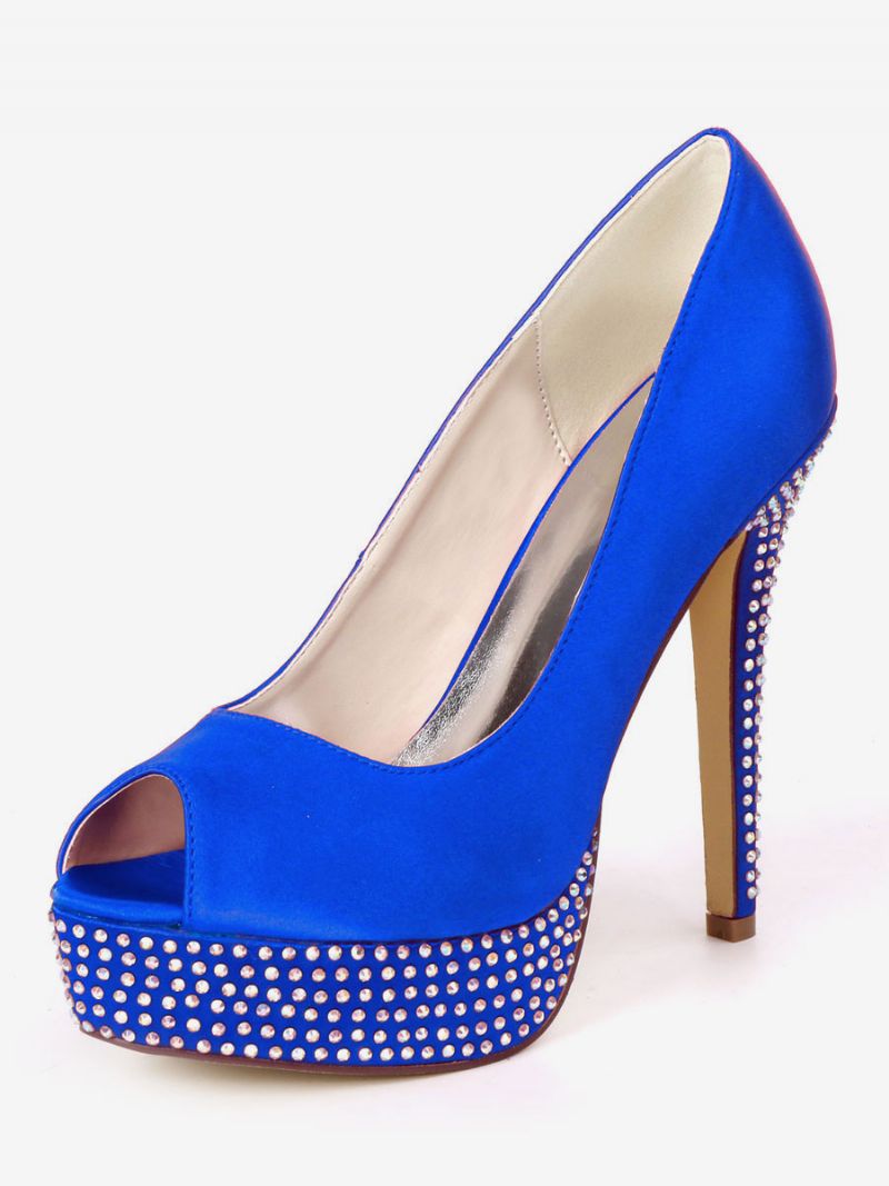 Kvinders Rhinestone Platform Peep Toe Brude Pumps - Kongeblå