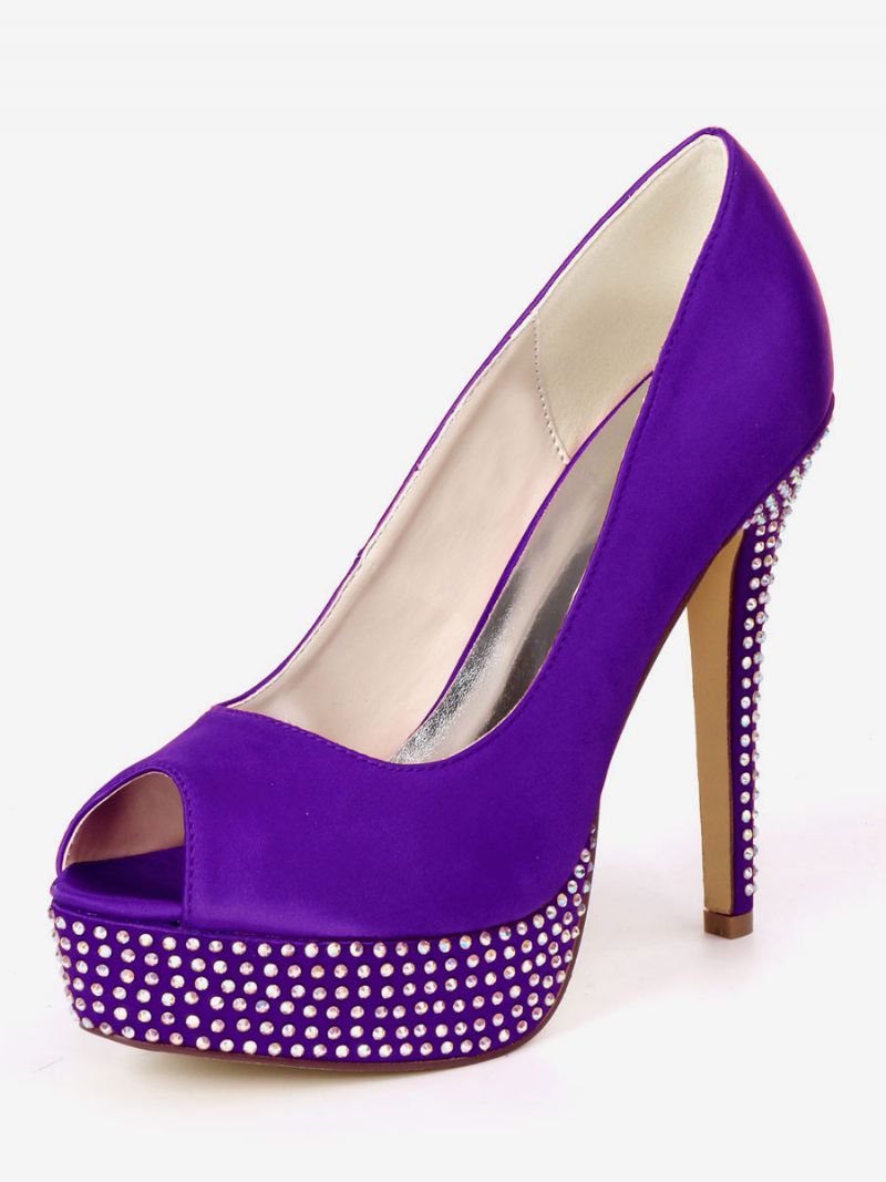 Kvinders Rhinestone Platform Peep Toe Brude Pumps - Dyb Lilla