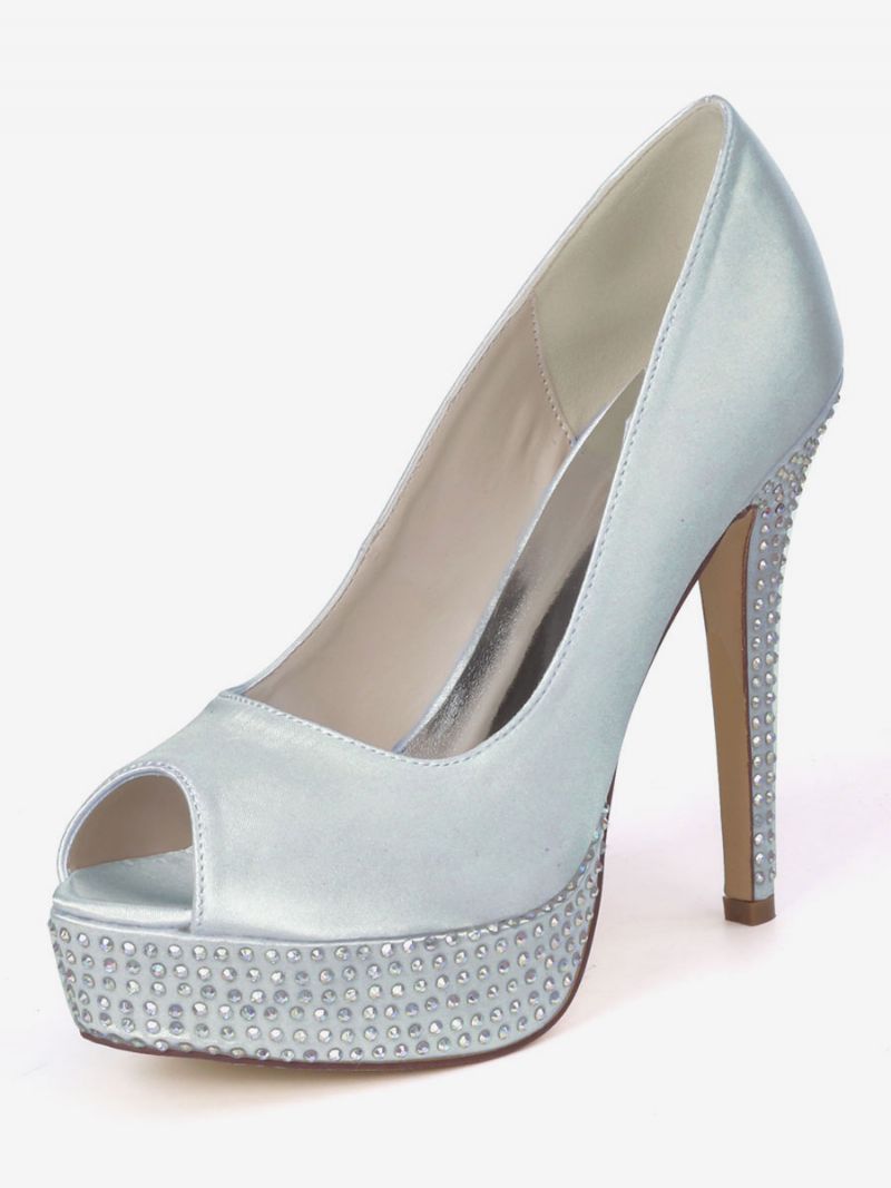 Kvinders Rhinestone Platform Peep Toe Brude Pumps - Sølv