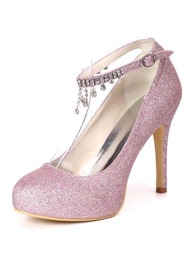 Kvinders Rhinestones Ankelrem Rund Toe Brude Pumps - Fuchsia Pink