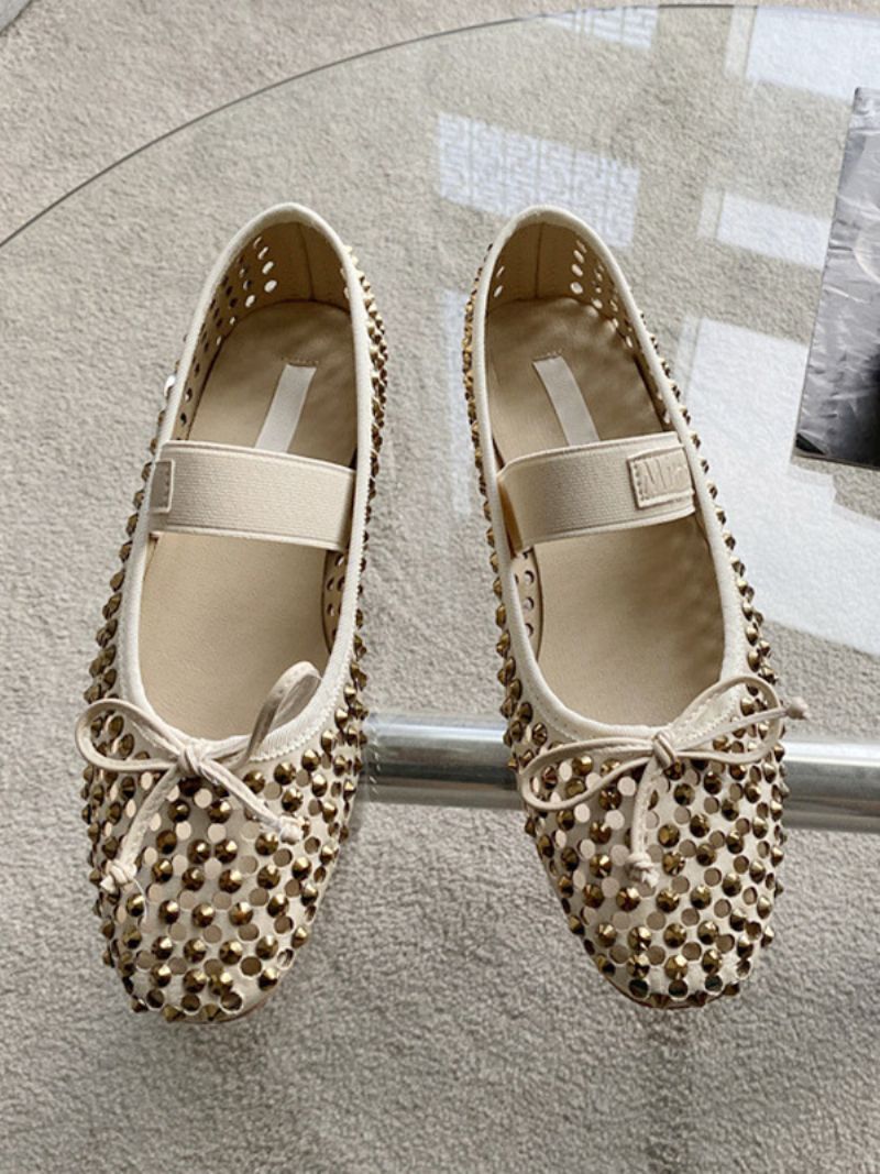 Kvinders Rhinestones Ballet Flats Rund Toe Bow Mary Jane - Guld