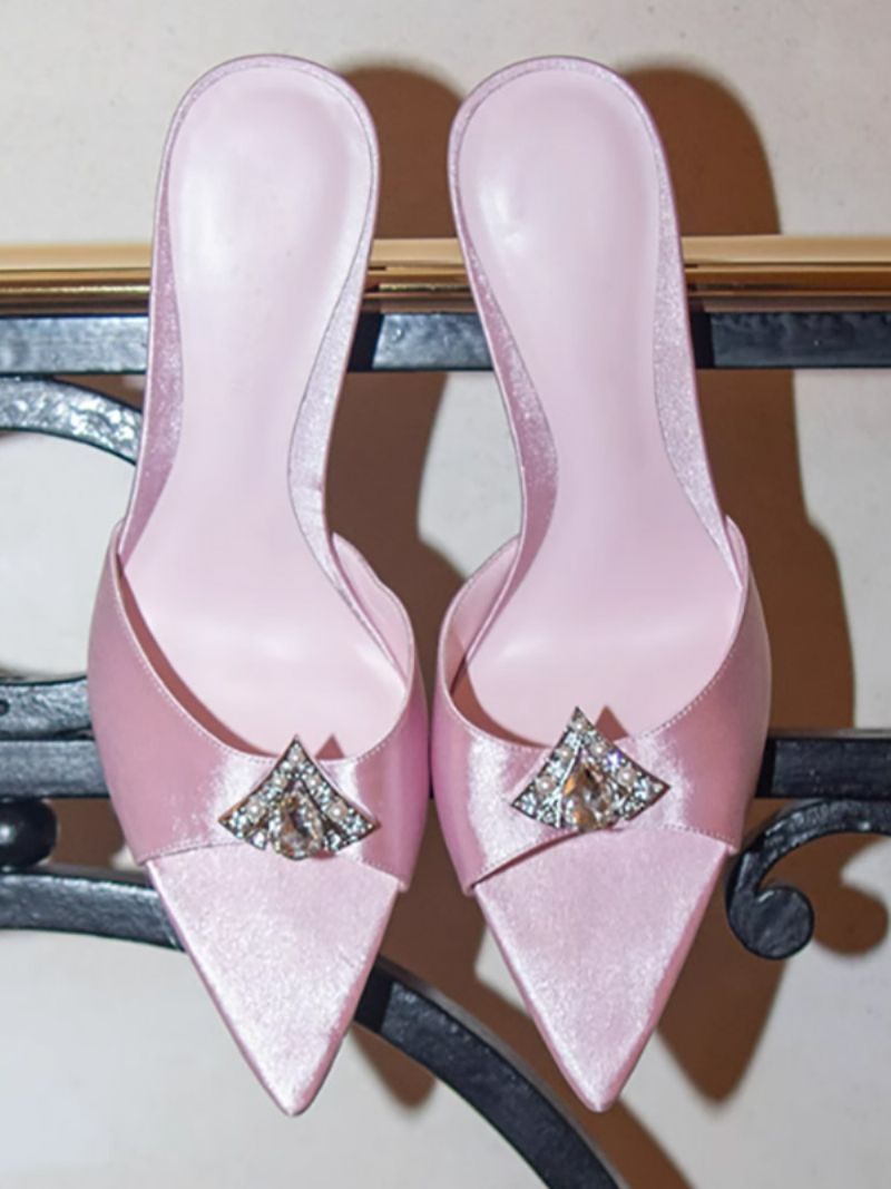 Kvinders Rhinestones Spidse Tå Satin Glidesandaler Stilethæl Sort - Pink