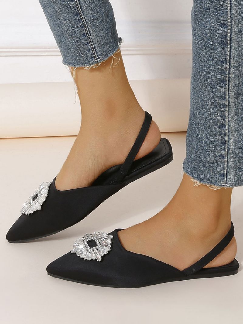 Kvinders Rhinestones Spidse Tå Slingback Flats - Sort