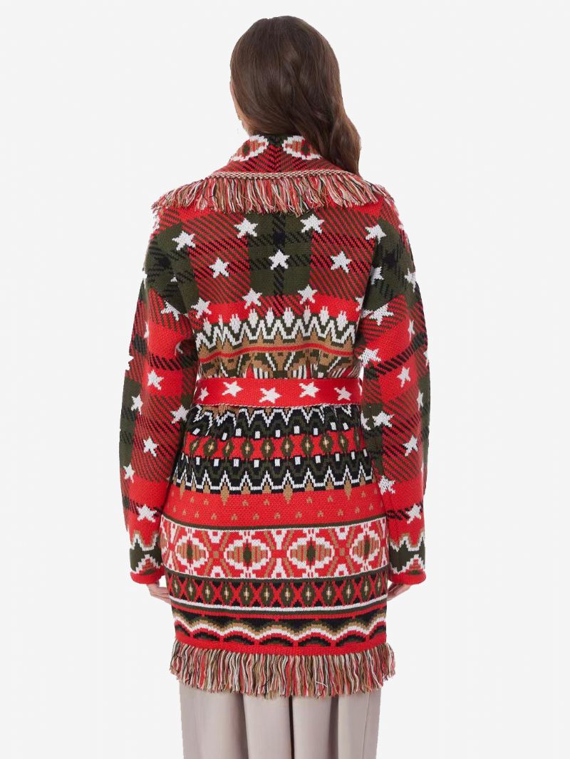 Kvinders Røde Jacquard Cardigans Geometrisk Kvast Trim Bælte Uld Blend Boho Sweater - Rød