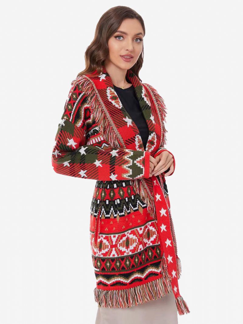 Kvinders Røde Jacquard Cardigans Geometrisk Kvast Trim Bælte Uld Blend Boho Sweater - Rød