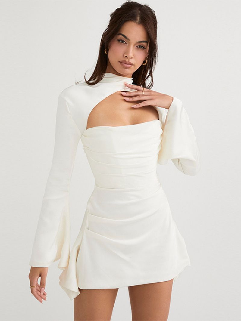 Kvinders Ruched Mini Dress Cutout Flæser Ærmer Rygløse Fødselsdagsfestkjoler - Hvid