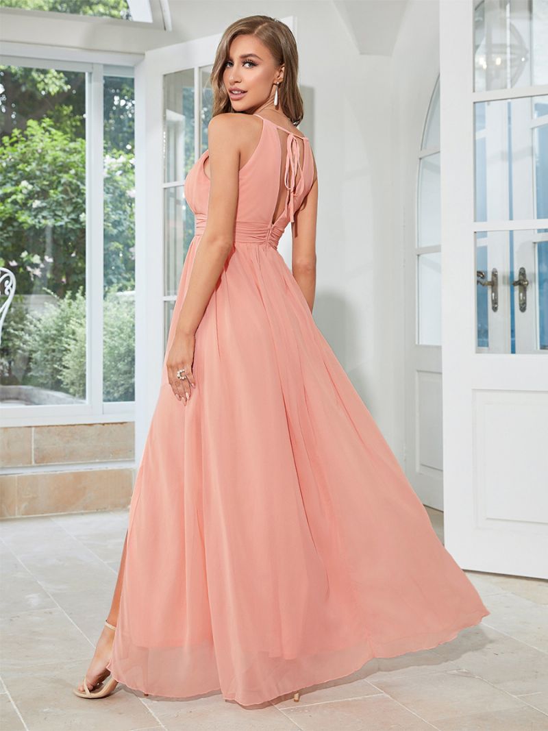 Kvinders Salmon Gallakjole Halter Cutout Elegante Maxikjoler Med Høj Slids - Laks