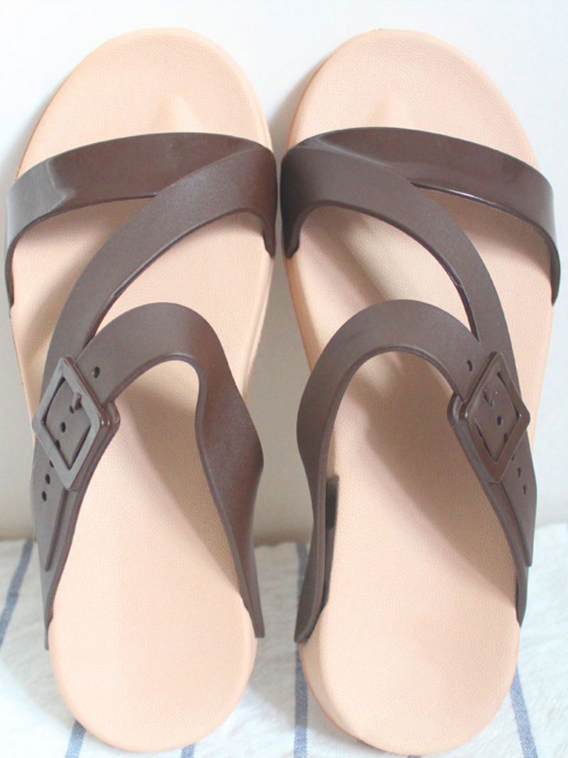 Kvinders Sandal Tøfler Rund Tå Strappy Buckled Detail Slide Sandaler - Kaffe Brun