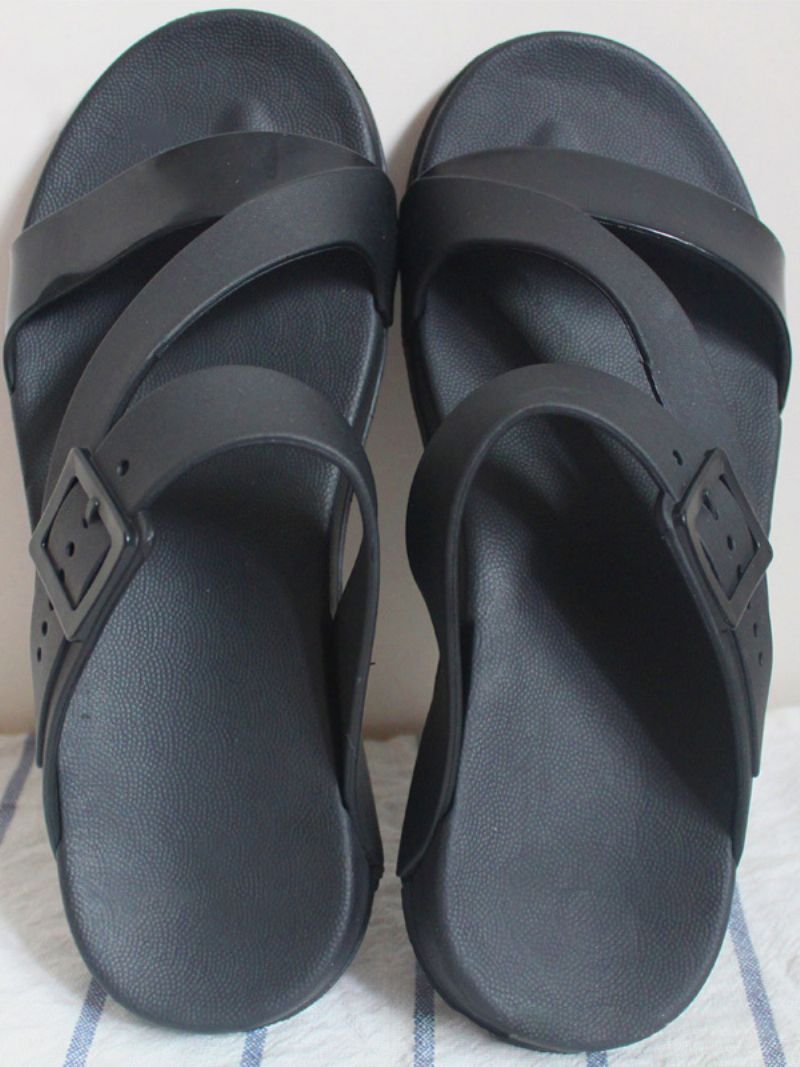 Kvinders Sandal Tøfler Rund Tå Strappy Buckled Detail Slide Sandaler - Sort