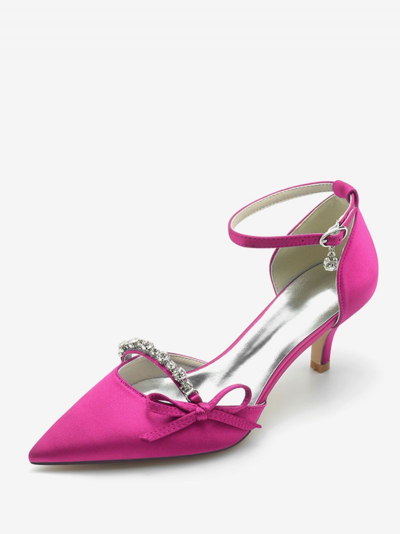 Kvinders Satin Bryllup Sko Spidstå Rhinestones Bow Brude Pumps - Rose