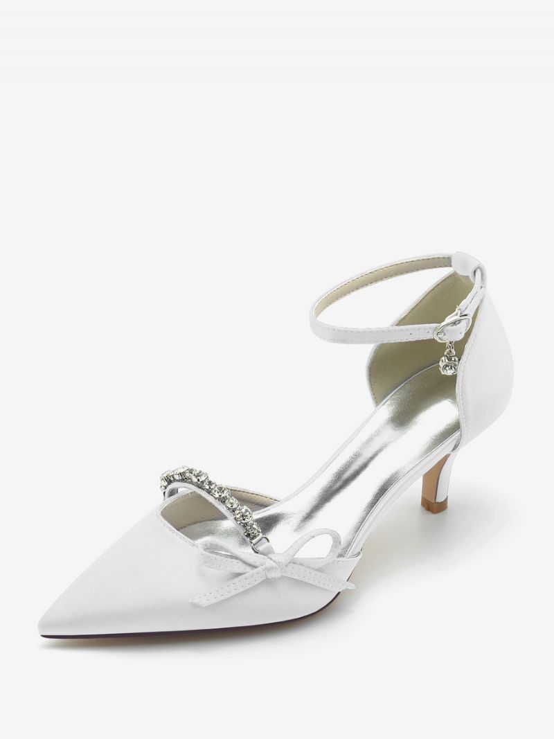 Kvinders Satin Bryllup Sko Spidstå Rhinestones Bow Brude Pumps - Hvid