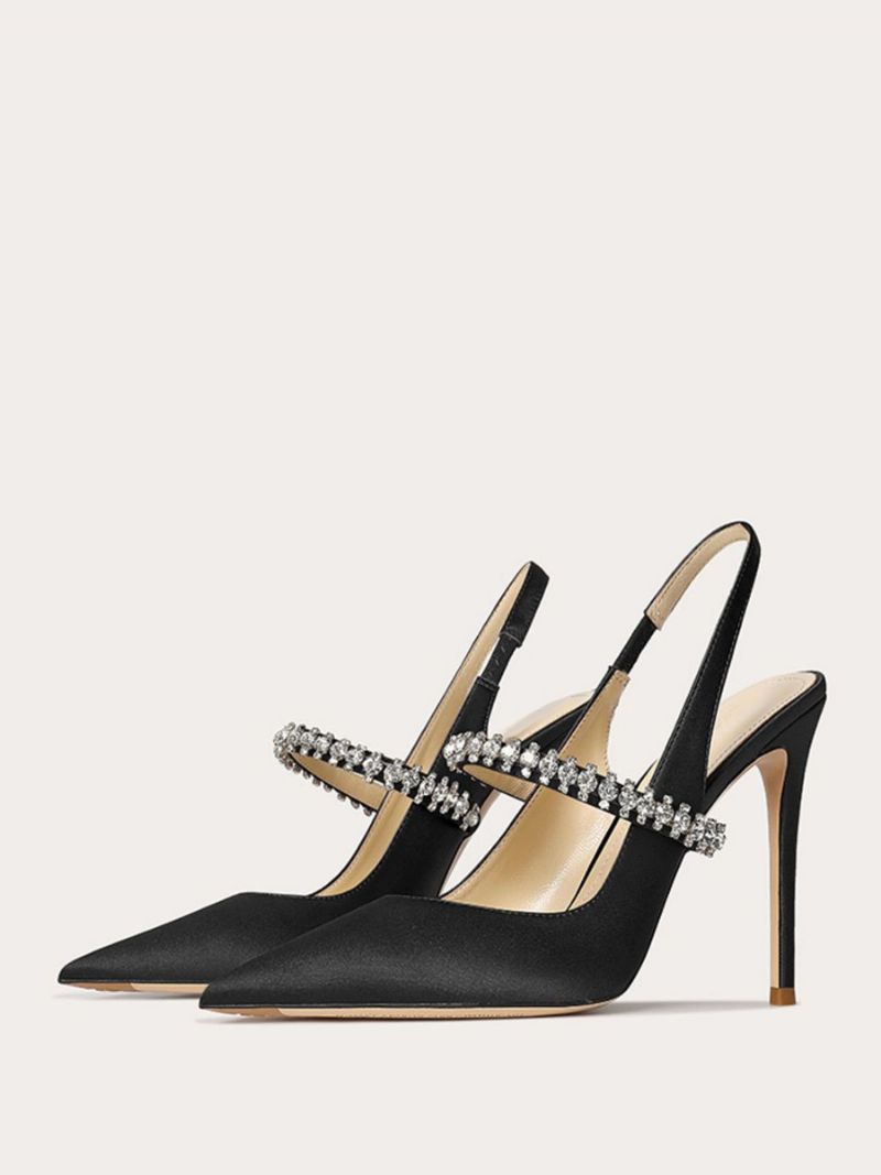 Kvinders Satin Gallasko Sorte Rhinestones Spidstå Stilethæl Slingback Pumps