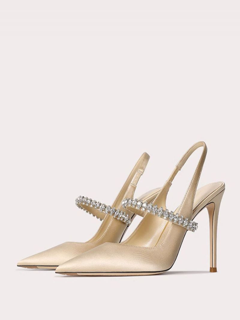 Kvinders Satin Gallasko Sorte Rhinestones Spidstå Stilethæl Slingback Pumps - Lysegul