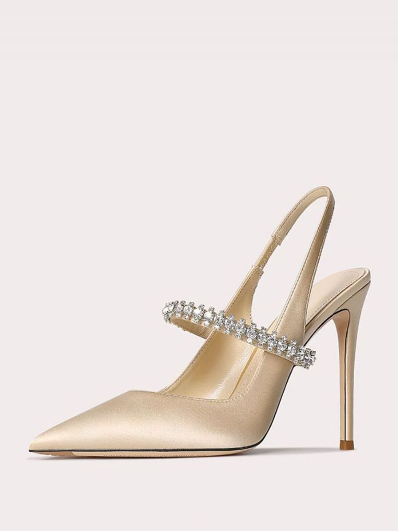 Kvinders Satin Gallasko Sorte Rhinestones Spidstå Stilethæl Slingback Pumps - Lysegul