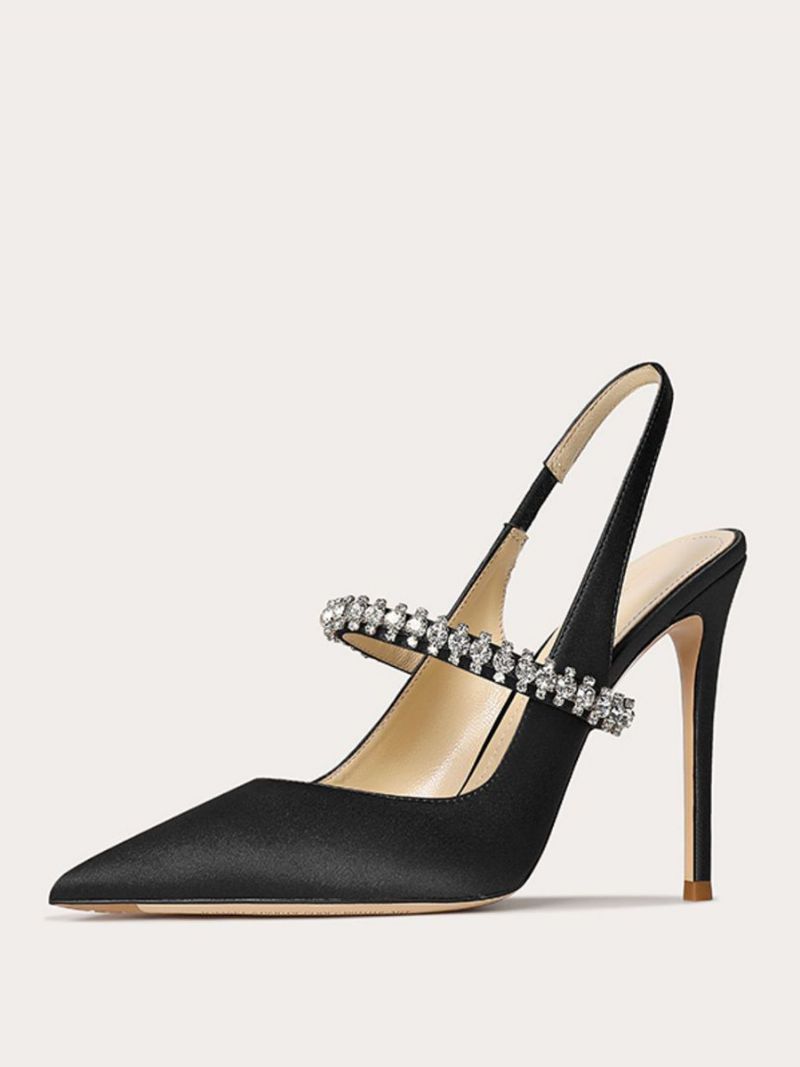 Kvinders Satin Gallasko Sorte Rhinestones Spidstå Stilethæl Slingback Pumps - Sort