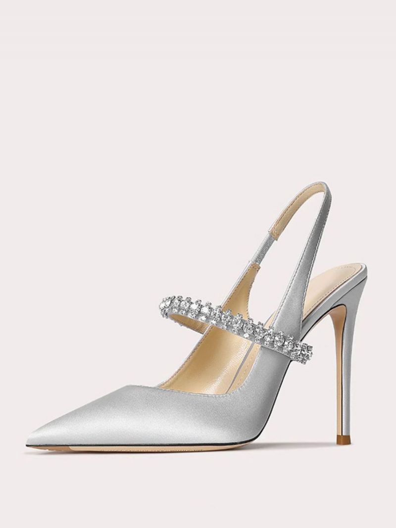 Kvinders Satin Gallasko Sorte Rhinestones Spidstå Stilethæl Slingback Pumps - Sølv