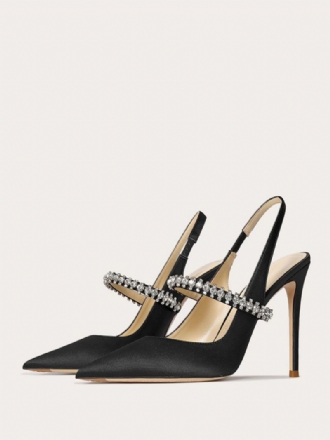 Kvinders Satin Gallasko Sorte Rhinestones Spidstå Stilethæl Slingback Pumps