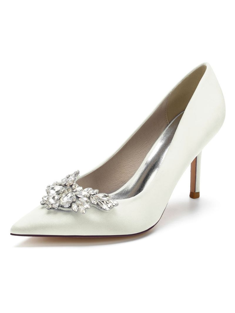 Kvinders Satin Rhinestones Stilethæl Brude Pumps - Elfenben