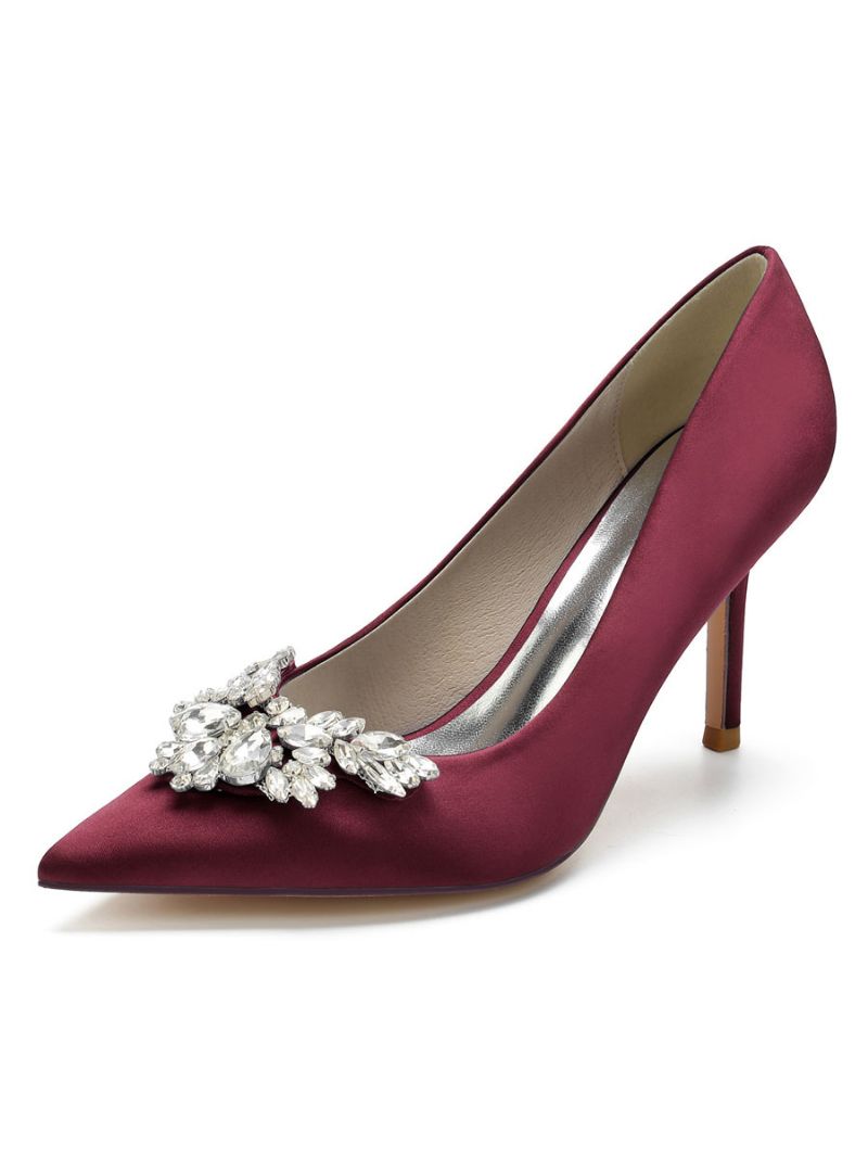 Kvinders Satin Rhinestones Stilethæl Brude Pumps - Burgogne