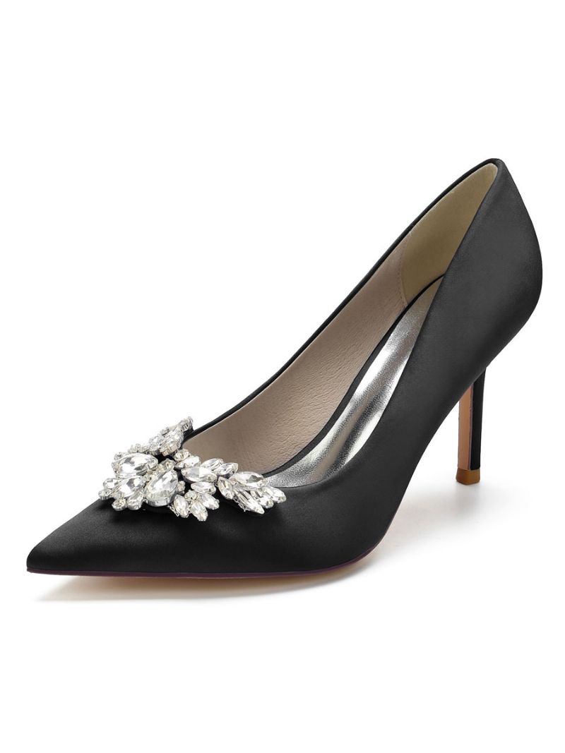 Kvinders Satin Rhinestones Stilethæl Brude Pumps - Sort