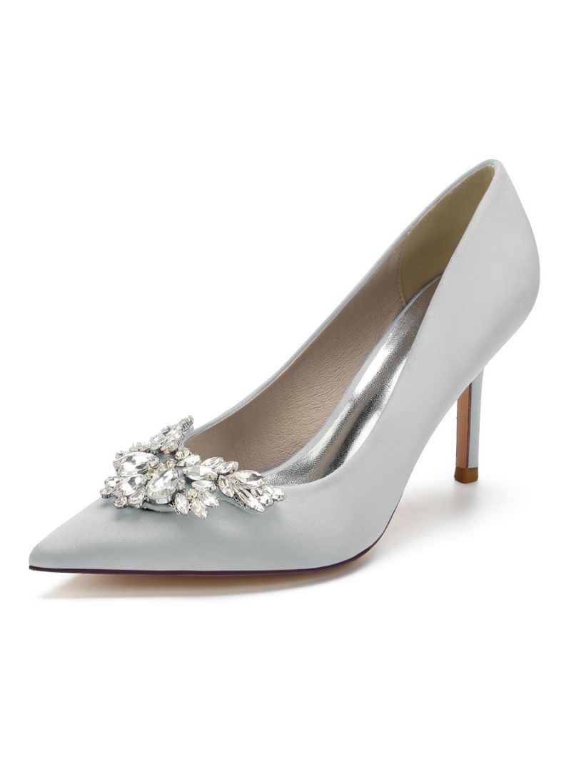 Kvinders Satin Rhinestones Stilethæl Brude Pumps - Sølv